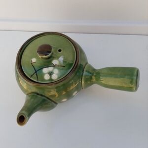 Miso Pottery Asian Japan Green with White Cherry Blossoms Side Spout Tea Pot